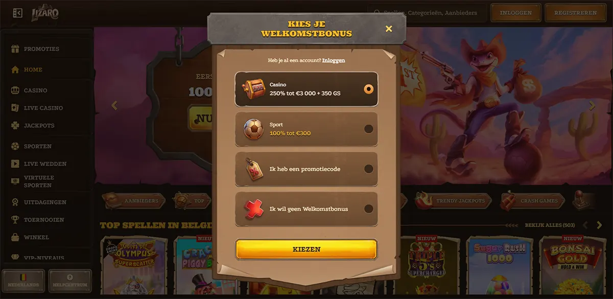 Dutch casino popup āKies je welkomstbonusā (choose your welcome bonus) with selectable options for Casino 250% up to ā¬3,000 + 350 GS, Sport 100% up to ā¬300, promo code, or no welcome bonus, and a yellow āKiezenā button over a blurred slots lobby background.